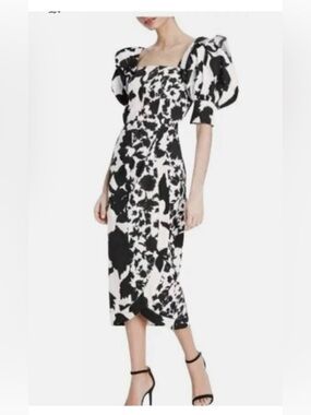 NWT Christopher John Rogers X Target Black White Floral Puff Sleeve Faux Wrap 0